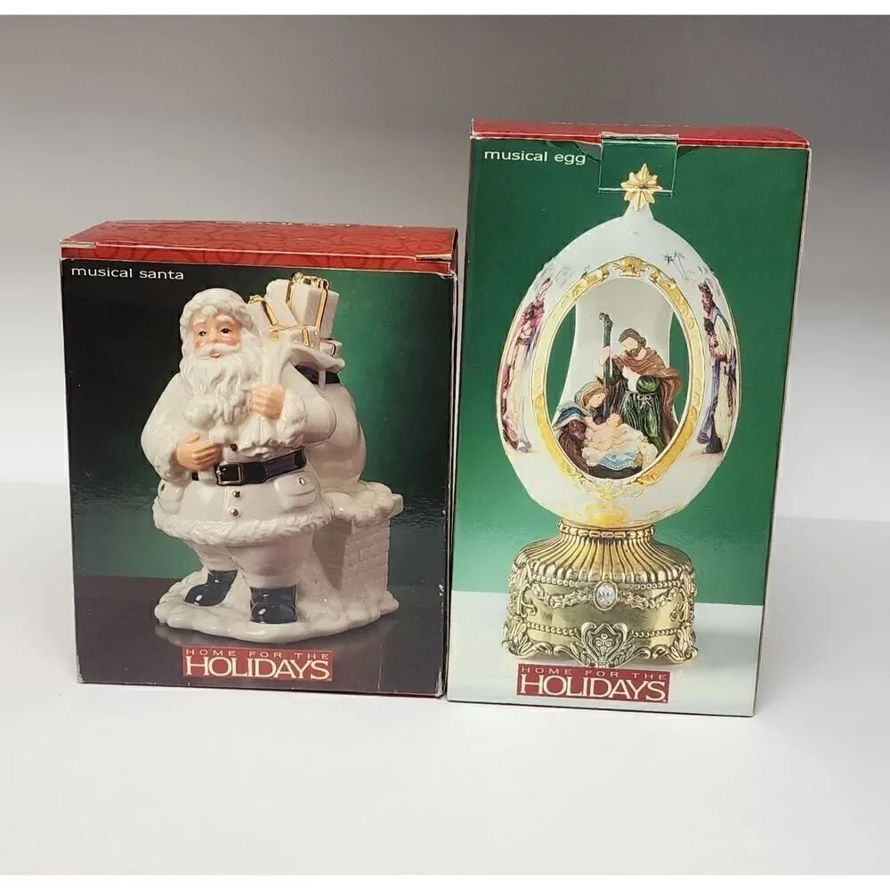 Home For The Holiday Porcelain Egg-Shaped Musical Box Revolving Nativity/Santa
